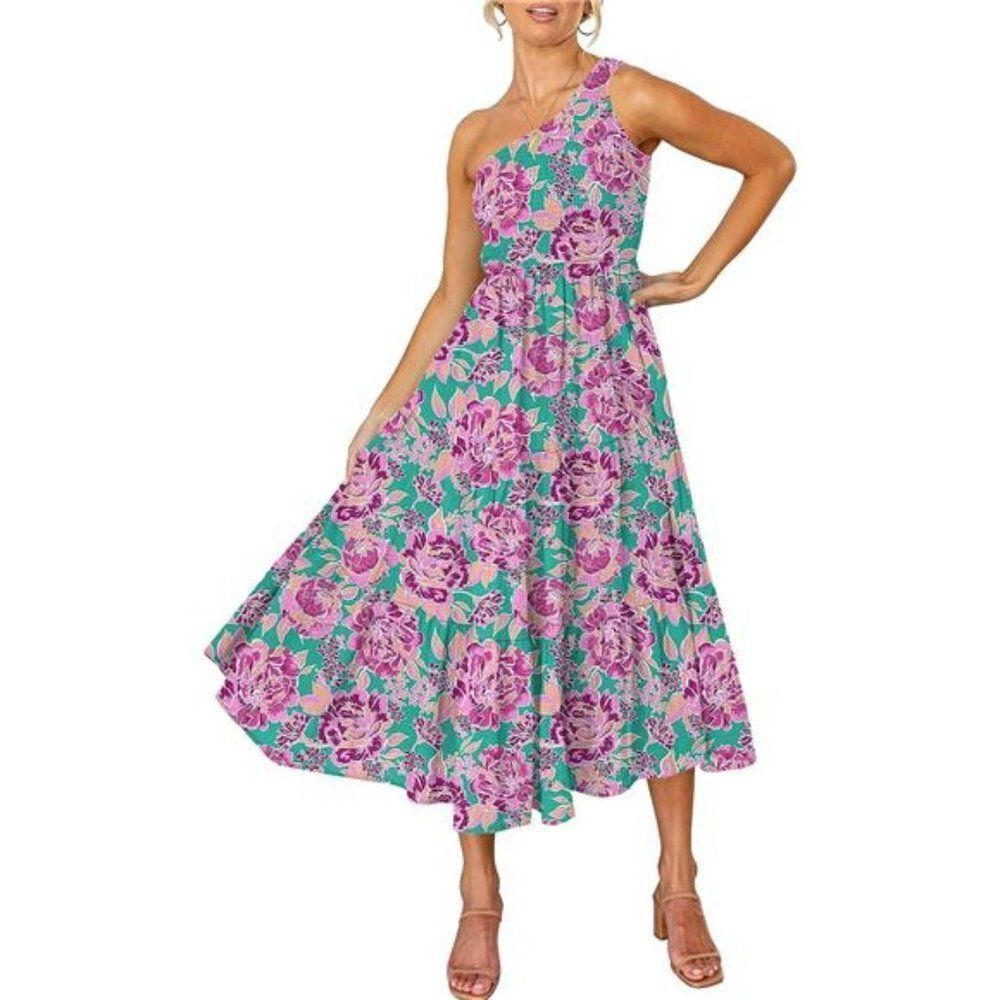 One Shoulder Sleeveless Smocked Ruffle Tiered - Picture 1 of 5